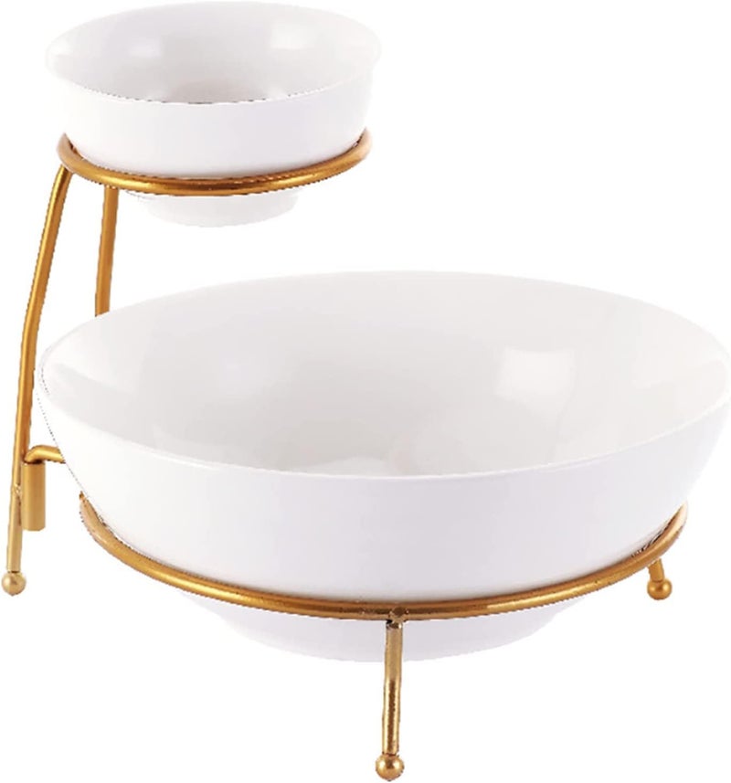 Shallow Chip and Dip Serving Set – 2 Tier Chip & Dip Bowls with Stand | White & Gold Elegant Snack Server | Stylish Tiered Serving Set for Chips, Nachos, Dips & Appetizers | Ideal for Parties, Home & Entertaining - Image 1